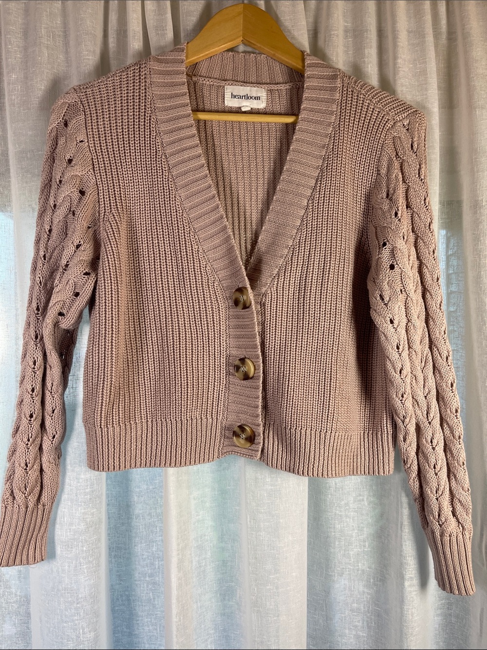 Heartloom Dusty Taupe Pink Cable Sleeve V-Neck Button Cardigan
